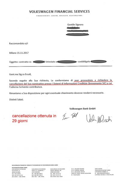 Cancellazione Volkswagen bank